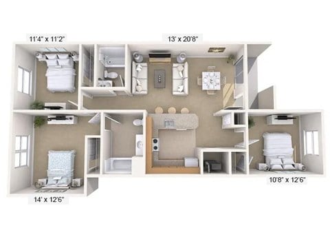 Floor plan for 3 beds, 2 baths, 1128 sqft